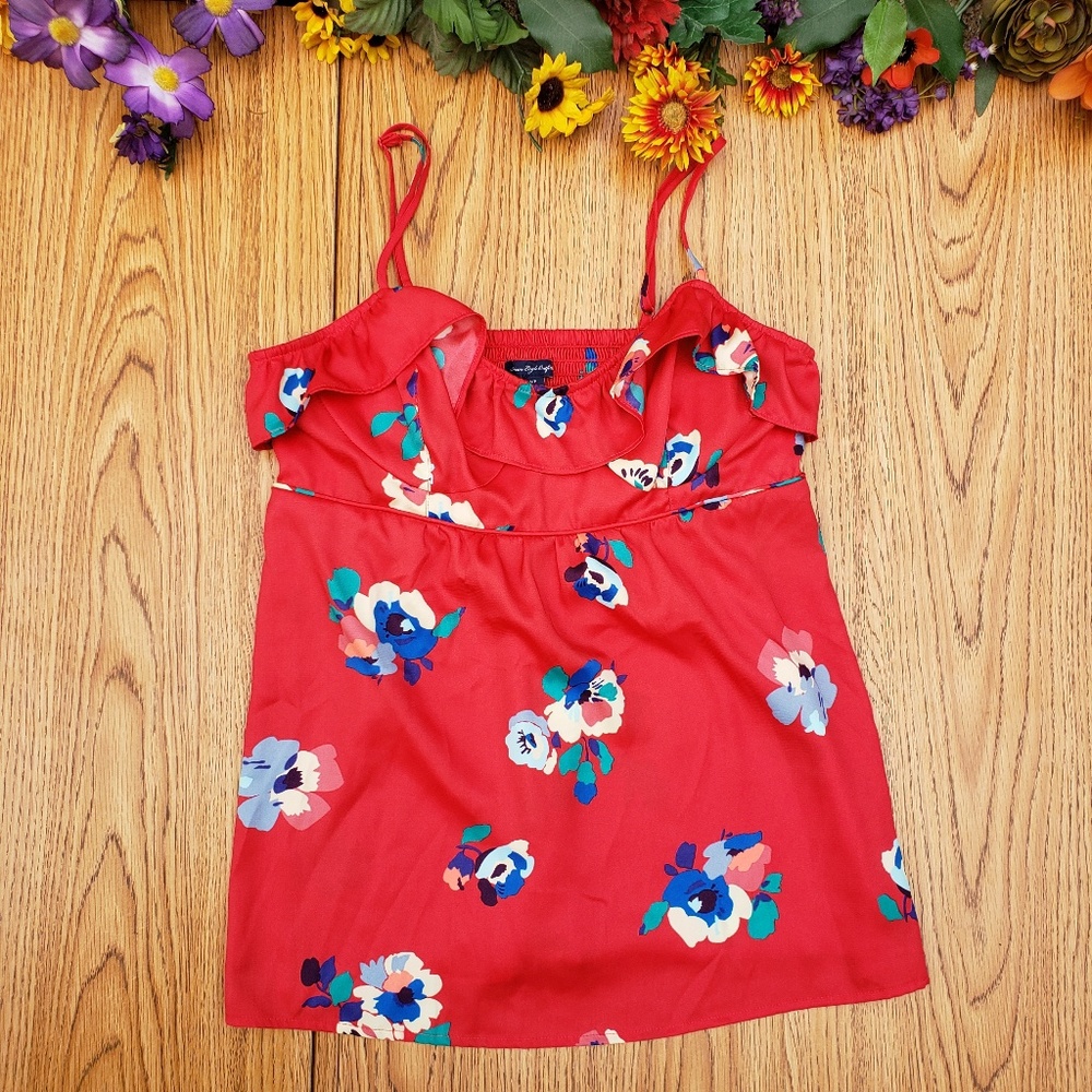 American Eagle Red Ruffle Floral Tank